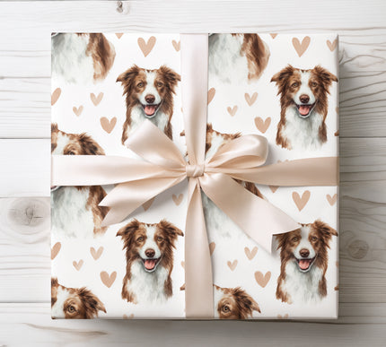 Elegant watercolor Border Collie dog wrapping paper showcasing a joyful Border Collie portrait with gentle pastel hearts on a bright white background. High-quality wrapping paper ideal for dog lovers, special occasions, birthdays, Valentine’s Day, and meaningful gifting. Refined, cozy, and beautifully detailed Border Collie gift wrap. 