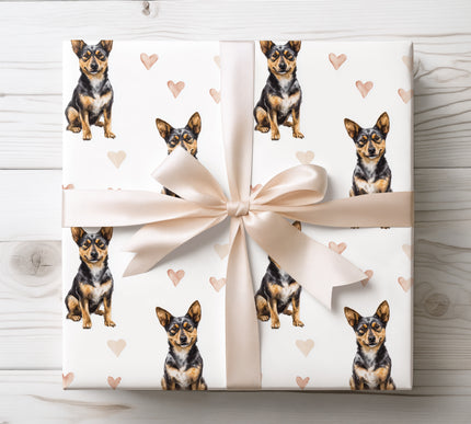 Charming Lancashire Heeler wrapping paper featuring a realistic watercolor illustration of the Lancashire Heeler dog with soft beige heart accents. Perfect for Lancashire Heeler owners and dog lovers, ideal for birthdays, Valentine’s Day, holidays, and thoughtful gifting. Premium seamless wrapping paper designed for warm, sweet, and elegant gift presentation. 