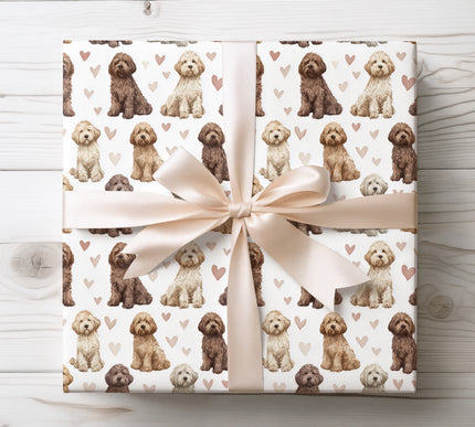 Charming Labradoodle wrapping paper showcasing detailed watercolor illustrations of the Labradoodle dog paired with warm heart motifs. Ideal for Labradoodle lovers, dog-themed gifts, Valentine’s Day, birthdays, and special occasions. High-quality seamless wrapping paper that adds a cozy, playful, and stylish touch to every gift. 
