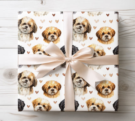 Sweet watercolor Peekapoo wrapping paper showcasing realistic, hand-painted Peekapoo dog portraits paired with warm heart motifs. Ideal for Peekapoo owners, dog lovers, birthdays, Valentine’s Day, and special occasions. High-quality seamless Peekapoo wrapping paper that makes every gift feel cozy, personal, and full of love. 