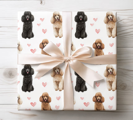 Elegant watercolor Poodle wrapping paper showcasing detailed Poodle portraits with romantic heart elements. Ideal for Poodle lovers, dog-themed gifts, birthdays, Valentine’s Day, and stylish celebrations. Premium seamless Poodle dog wrapping paper for a charming and refined gift presentation. 