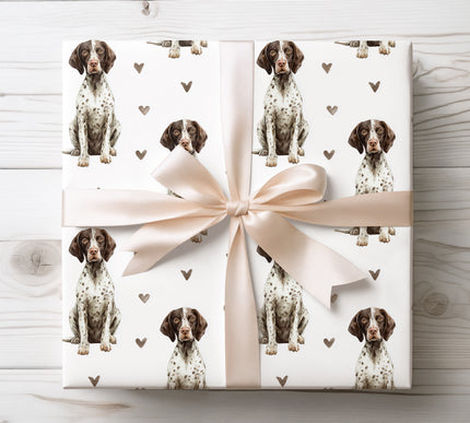 High-quality watercolor wrapping paper featuring realistic Small Munsterlander Pointer illustrations with subtle hand-painted heart accents. Seamless repeat design with a clean white background, perfect for dog lovers, birthdays, Valentine’s gifts, holidays, and elegant pet-themed gift wrapping. 
