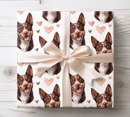 Soft watercolor wrapping paper featuring a smiling Australian Kelpie with warm heart accents on a clean white background. Perfect gift wrap for Australian Kelpie lovers, dog parents, birthdays, Valentine’s Day, and meaningful occasions. Seamless premium Australian Kelpie wrapping paper. 