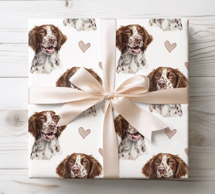 Elegant watercolor wrapping paper showcasing an American Water Spaniel with delicate heart accents. A charming choice for American Water Spaniel lovers, dog-themed gifts, and romantic occasions. Clean white background, seamless repeat pattern, perfect for birthdays, holidays, and Valentine’s Day wrapping paper. 
