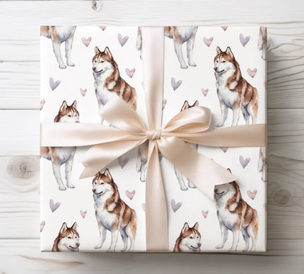 Beautiful watercolor Siberian Husky wrapping paper showcasing expressive Husky portraits accented with gentle heart elements throughout the design. The bright white background and seamless repeat pattern make it ideal for dog lovers, romantic occasions, birthdays, and special celebrations. High-quality wrapping paper with a cool, affectionate, pet-themed aesthetic. 