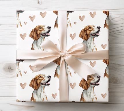 Premium American Foxhound wrapping paper showcasing elegant watercolor side-profile portraits with warm beige hearts on a clean white background. Ideal gift wrap for American Foxhound lovers, dog moms and dog dads, Valentine’s Day, birthdays, anniversaries, and heartfelt pet-themed gifts. High-quality wrapping paper with a soft, classic romantic style. 