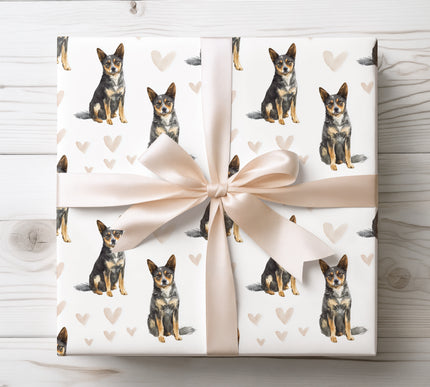 Sweet Lancashire Heeler wrapping paper featuring a realistic watercolor illustration of the Lancashire Heeler dog with soft neutral heart accents. Perfect for Lancashire Heeler owners and dog lovers, ideal for birthdays, Valentine’s Day, holidays, and thoughtful gifting. Premium seamless wrapping paper designed for warm, charming, and heartfelt gift presentation. 