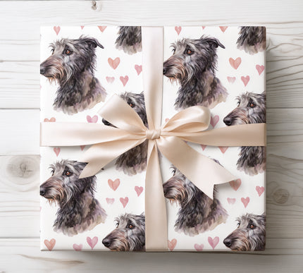 Elegant watercolor Scottish Deerhound wrapping paper featuring graceful hand-painted Deerhound portraits accented with soft heart details on a clean white background. Ideal for Scottish Deerhound lovers, dog parents, romantic gifts, birthdays, Valentine’s Day, and special occasions. Seamless repeating design with premium print quality, refined pet-themed wrapping paper. 