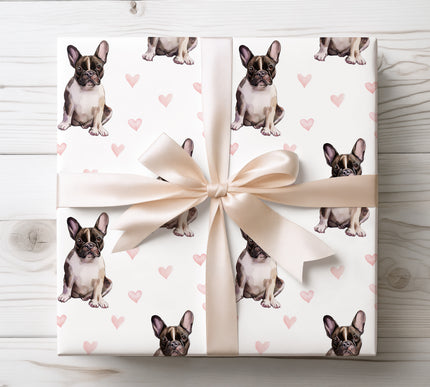 Premium French Bulldog wrapping paper featuring realistic watercolor French Bulldog illustrations with soft blush heart accents on a clean white background. Perfect gift wrap for French Bulldog owners, dog lovers, Valentine’s Day, birthdays, and stylish pet-themed gifts. High-quality wrapping paper with a warm, playful, and timeless design. 