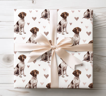 Premium German Shorthaired Pointer wrapping paper featuring realistic watercolor German Shorthaired Pointer portraits with soft neutral heart accents on a clean white background. Perfect gift wrap for German Shorthaired Pointer owners, dog lovers, Valentine’s Day, birthdays, and elegant pet-themed gifts. High-quality wrapping paper with a warm, refined, and timeless design. 