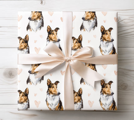 Elegant watercolor wrapping paper showcasing graceful Smooth Collie illustrations accented with delicate heart elements. Seamless design with a light, romantic feel, ideal for dog lovers, Valentine’s Day gifts, special occasions, and premium wrapping. 