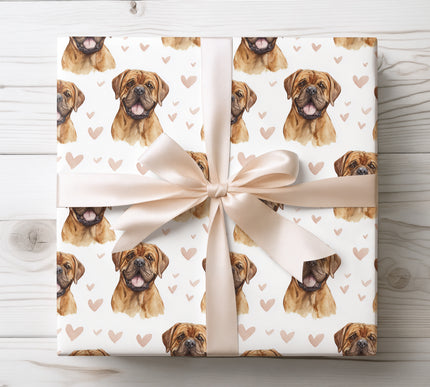 Elegant watercolor Bullmastiff dog wrapping paper featuring a happy Bullmastiff portrait with soft hand-painted hearts on a clean white background. Premium-quality wrapping paper perfect for dog lovers, birthdays, Valentine’s Day, anniversaries, and meaningful gifts. Strong, warm, and timeless Bullmastiff gift wrap. 