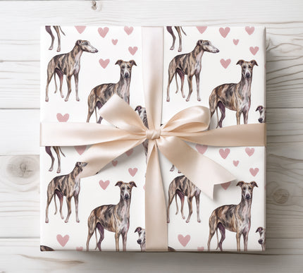 Premium watercolor wrapping paper featuring graceful Spanish Greyhound illustrations with soft hand-painted heart accents. Seamless repeat design with a clean white background, perfect for dog lovers, Valentine’s gifts, birthdays, holidays, and refined pet-themed gift wrapping. 