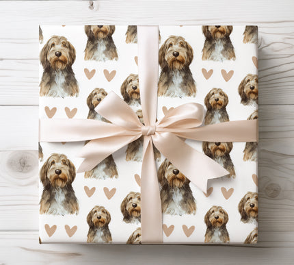 Beautiful watercolor Otterhound wrapping paper showcasing realistic, hand-painted Otterhound dog portraits paired with warm heart motifs. Ideal for Otterhound owners, dog lovers, birthdays, Valentine’s Day, and special occasions. High-quality seamless Otterhound wrapping paper that makes every gift feel personal, cozy, and truly special. 