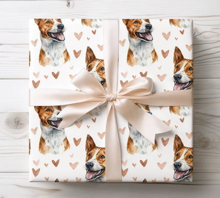 Elegant Basenji wrapping paper featuring a realistic watercolor dog portrait with warm copper-toned heart accents on a clean white background. Perfect for dog lovers, romantic gifts, Valentine’s Day, birthdays, anniversaries, or special occasions. This Basenji watercolor wrapping paper adds a refined, modern, and heartfelt finish to every gift. 
