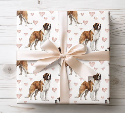 Elegant watercolor wrapping paper showcasing majestic St. Bernard illustrations paired with delicate heart accents. Seamless pattern with a soft, romantic feel, ideal for dog lovers, Valentine’s Day gifts, special occasions, and premium, heartfelt wrapping. 
