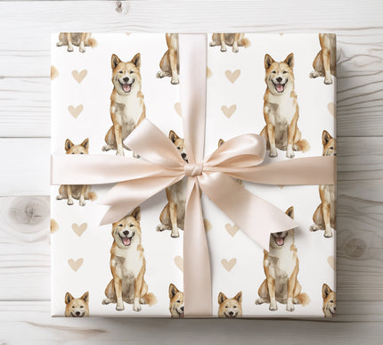 Premium American Akita dog wrapping paper featuring charming watercolor sitting portraits with soft neutral hearts on a clean white background. Perfect gift wrap for American Akita lovers, dog moms and dog dads, Valentine’s Day, birthdays, anniversaries, and meaningful pet-themed gifts. High-quality wrapping paper with a warm, elegant, romantic style. 