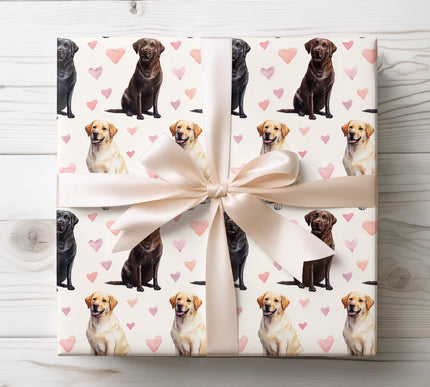 Bright and heartwarming Labrador Retriever wrapping paper featuring realistic watercolor illustrations of the Labrador Retriever dog with soft heart accents. Perfect for Labrador owners and dog lovers, ideal for birthdays, Valentine’s Day, holidays, and everyday gift giving. Premium seamless wrapping paper designed for cheerful, elegant, and heartfelt presentations. 