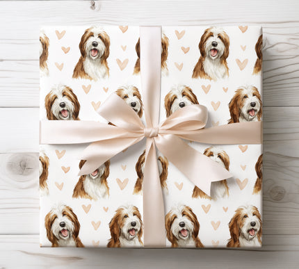 Charming Bearded Collie wrapping paper showcasing a detailed watercolor dog illustration with warm beige heart accents on a clean white background. Ideal for dog lovers, romantic gifts, Valentine’s Day, birthdays, anniversaries, or everyday gifting. This Bearded Collie watercolor wrapping paper brings a soft, cozy, and heartfelt finish to every gift. 