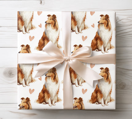 Elegant Rough Collie wrapping paper showcasing a detailed watercolor Rough Collie portrait paired with gentle heart details. The airy white background and seamless repeat pattern make it ideal for dog lovers, romantic occasions, birthdays, and special celebrations. High-quality wrapping paper with a warm, affectionate, pet-inspired style. 