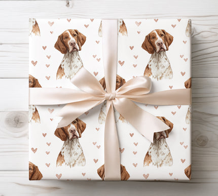 Premium English Pointer dog wrapping paper featuring realistic watercolor illustrations with soft heart accents on a clean white background. Ideal gift wrap for English Pointer lovers, dog owners, Valentine’s Day, birthdays, and romantic or pet-themed gifts. Elegant, high-quality wrapping paper for special occasions. 