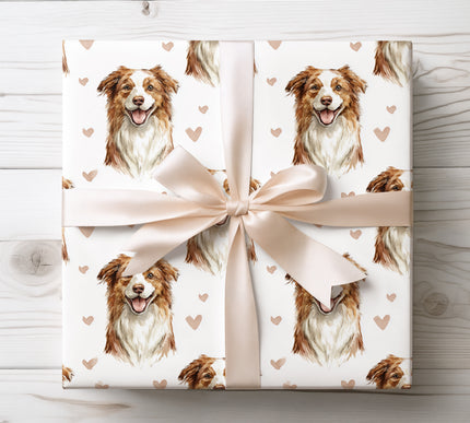 Premium Australian Shepherd wrapping paper featuring a soft watercolor dog portrait with delicate heart accents on a clean white background. Perfect for dog lovers, romantic gifts, Valentine’s Day, birthdays, anniversaries, or any special occasion. This Australian Shepherd watercolor wrapping paper adds a warm, elegant, and heartfelt touch to every gift. 