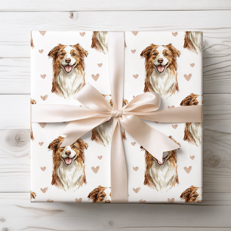 Heartbound Paws – Australian Shepherd watercolor hearts wrapping paper