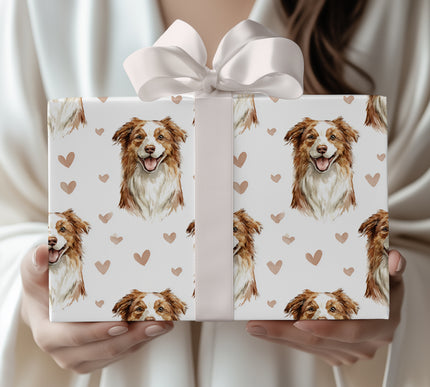 Heartbound Paws – Australian Shepherd watercolor hearts wrapping paper