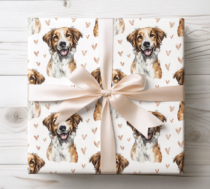 Premium watercolor Anatolian Shepherd Dog wrapping paper featuring a gentle guardian dog illustrated with soft neutral tones and scattered heart motifs. Perfect gift wrap for Anatolian Shepherd lovers, dog moms, dog dads, birthdays, Valentine’s Day, and heartfelt pet gifts. High-quality seamless design printed on premium paper, ideal for elegant and emotional gift wrapping. 