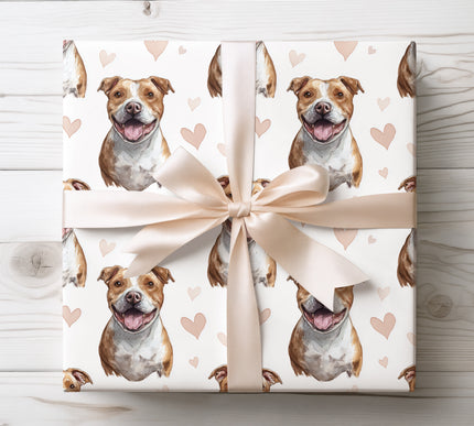 Premium American Bully dog wrapping paper featuring expressive watercolor portrait illustrations with soft blush hearts on a clean white background. Perfect gift wrap for American Bully lovers, dog moms and dog dads, Valentine’s Day, birthdays, anniversaries, and meaningful pet-themed gifts. High-quality wrapping paper with a bold yet romantic feel. 