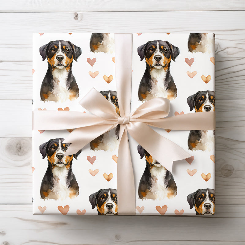 Heartpeak Sentinel – Entlebucher Mountain Dog watercolor hearts wrapping paper