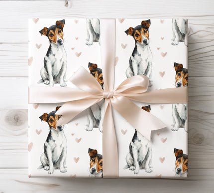 Adorable Rat Terrier wrapping paper with a detailed watercolor dog illustration and delicate heart accents. Bright white background with a seamless repeating pattern, ideal for dog lovers, pet-themed gifts, birthdays, Valentine’s Day, and everyday wrapping. Premium quality wrapping paper that adds a warm, personal touch to any present. 