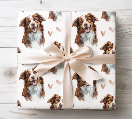 Soft watercolor wrapping paper featuring a joyful Australian Shepherd with delicate heart accents on a clean white background. Ideal gift wrap for Australian Shepherd lovers, dog moms and dads, birthdays, Valentine’s Day, and heartfelt occasions. Premium seamless Australian Shepherd wrapping paper. 