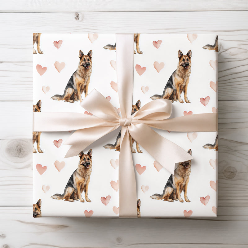 Heartwarden Grace – German Shepherd watercolor hearts wrapping paper