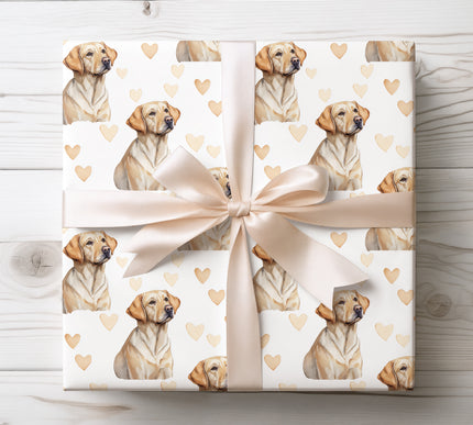 Warm and elegant Labrador Retriever wrapping paper featuring realistic watercolor illustrations of the Labrador Retriever dog with soft golden heart accents. Perfect for Labrador lovers, dog-themed gifts, birthdays, Valentine’s Day, holidays, and everyday gifting. Premium seamless wrapping paper designed for timeless, heartfelt, and joyful gift presentation. 