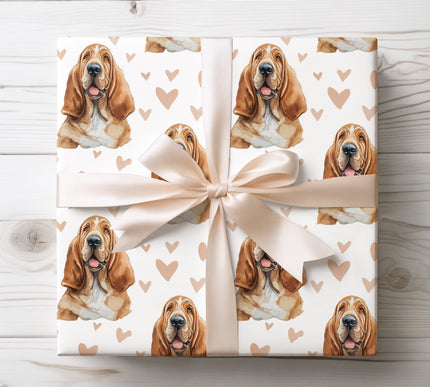 Warm and romantic watercolor Bloodhound dog wrapping paper showcasing a joyful Bloodhound portrait with delicate pastel hearts on a bright white background. High-quality wrapping paper ideal for dog lovers, special occasions, Valentine’s Day, birthdays, and heartfelt gifting. Soft, charming, and classic Bloodhound gift wrap. 