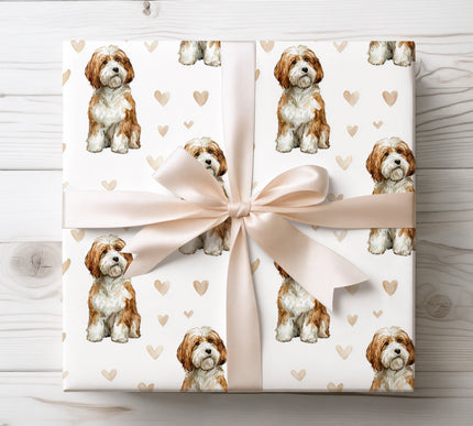 Soft watercolor Havanese dog wrapping paper featuring a happy Havanese illustration with gentle hand-painted hearts on a clean white background. Premium-quality wrapping paper perfect for dog lovers, birthdays, Valentine’s Day, anniversaries, and heartfelt gifts. Sweet, cozy, and timeless Havanese gift wrap. 