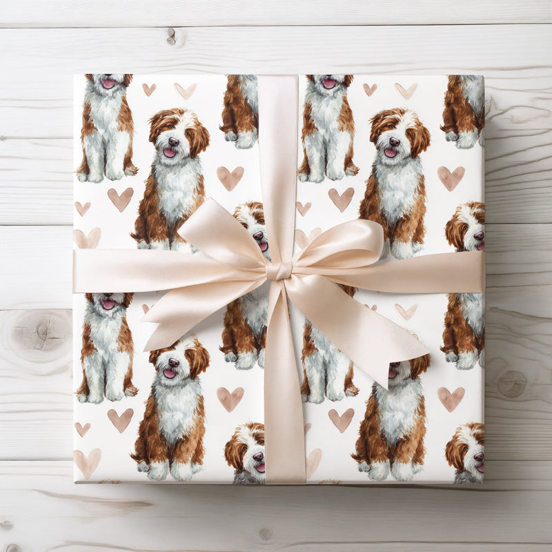 Honeyplume Joy – Bernedoodle watercolor hearts wrapping paper