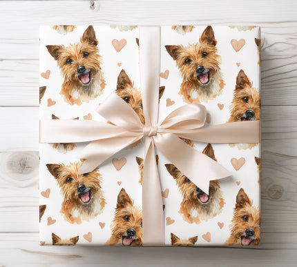 Adorable Australian Terrier wrapping paper showcasing a warm watercolor dog portrait with soft peach heart accents on a clean white background. Ideal for dog lovers, Valentine’s Day, birthdays, anniversaries, or any heartfelt occasion. This Australian Terrier watercolor wrapping paper adds a sweet, cozy, and joyful touch to every gift. 