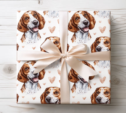 Adorable Beagle wrapping paper showcasing a realistic watercolor dog portrait with soft peach heart accents on a clean white background. Ideal for dog lovers, romantic gifts, Valentine’s Day, birthdays, or everyday surprises. This Beagle watercolor wrapping paper brings a joyful, warm, and heartfelt finish to every gift. 