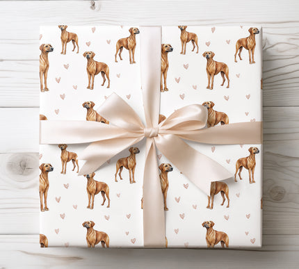 Elegant watercolor Rhodesian Ridgeback wrapping paper featuring a hand-painted dog illustration paired with soft handwritten “love” accents on a clean white background. A warm, modern gift wrap for dog lovers, pet parents, birthdays, Valentine’s Day, anniversaries, and heartfelt occasions. Seamless repeating design, premium quality, timeless pet-themed wrapping paper. 