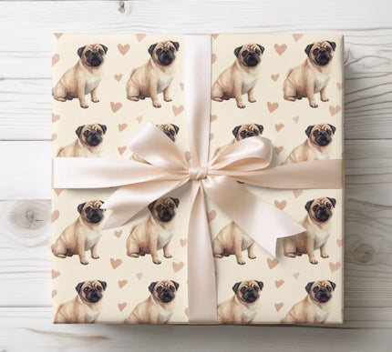 Adorable watercolor Pug wrapping paper featuring hand-painted Pug dogs with soft heart accents. Perfect gift wrap for Pug lovers, dog moms and dog dads, birthdays, Valentine’s Day, and special occasions. High-quality seamless Pug dog wrapping paper designed to make every gift extra special. 