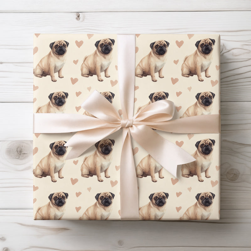Paws & Kisses – Pug Love Hearts wrapping paper