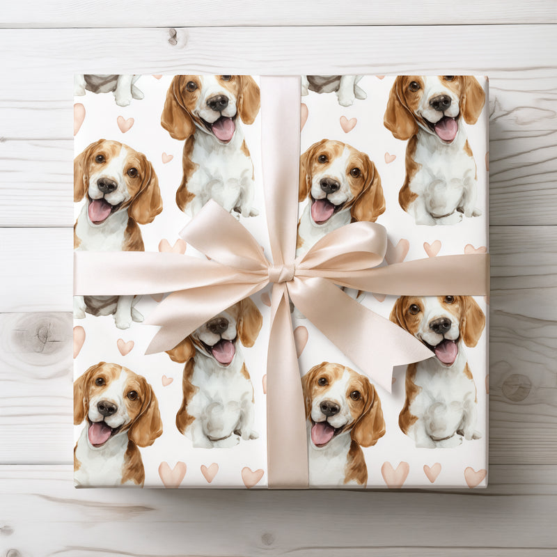 Peachy Paws – Beagle watercolor hearts wrapping paper