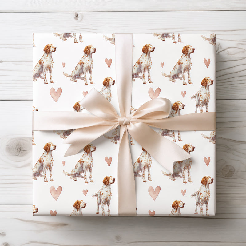 Rosefeather Poise – English Setter watercolor hearts wrapping paper