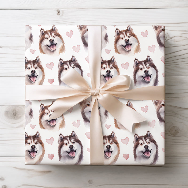 Rosefrost Companions – Romantic Alaskan Malamute Faces wrapping paper