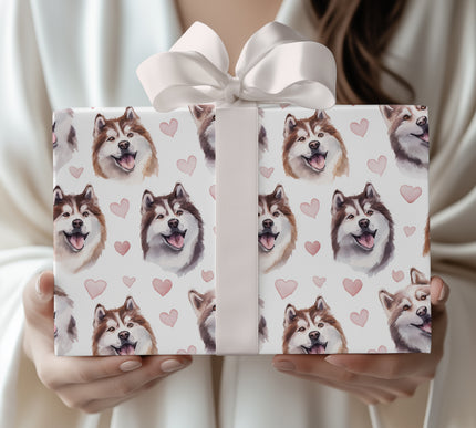 Rosefrost Companions – Romantic Alaskan Malamute Faces wrapping paper