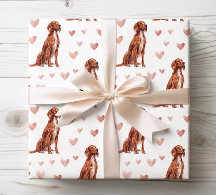 Elegant Irish Setter wrapping paper featuring a refined watercolor illustration of the Irish Setter dog with soft blush heart accents. Perfect for Irish Setter lovers, dog-themed gifts, Valentine’s Day, birthdays, anniversaries, and holidays. High-quality seamless wrapping paper designed for stylish, premium gift presentation. 