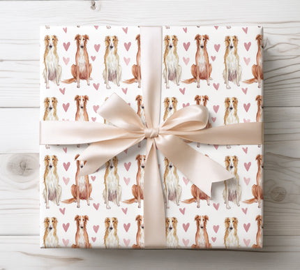 Delicate watercolor wrapping paper showcasing graceful Silken Windhound portraits paired with soft pink heart details. Seamless pattern with a romantic, airy feel, ideal for dog lovers, special occasions, Valentine’s Day gifts, and refined luxury wrapping. 