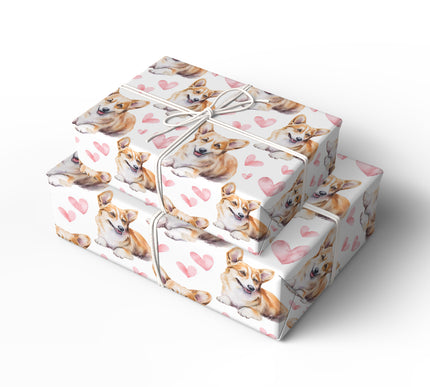 Rosy Paws Delight – Pembroke Welsh Corgi love wrapping paper